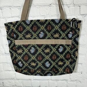 I BAGS Hand Made In USA Tapestry Tote Bag Garden Insect Ladybug Butterfly Black